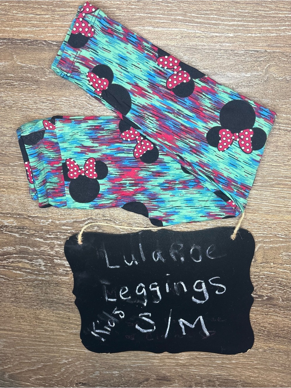 LuLaRoe Kids Leggings with Teal, Pink & Black Minnie Head Print